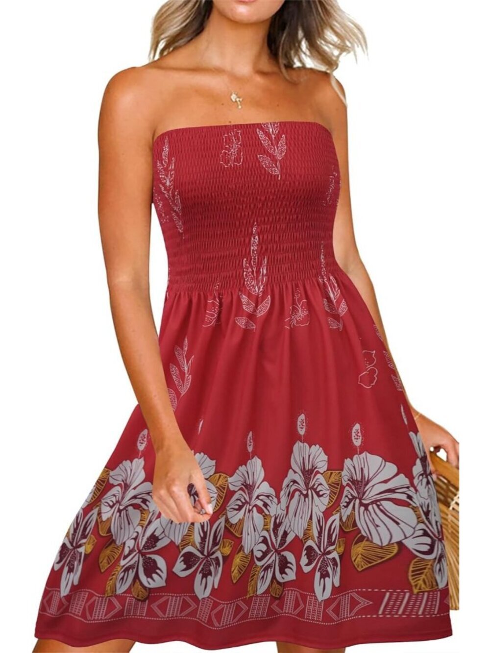 Women's Topical Red Strapless Smocked Tube Top for Summer Beach Boho Mini Dress